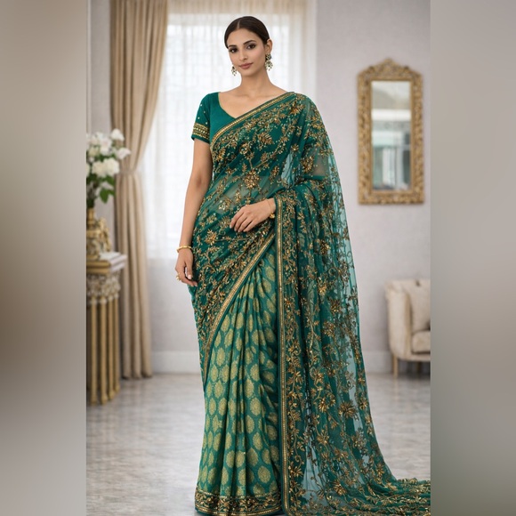 Frontier Green and Gold Saree with hand embroidery - Picture 3 of 17